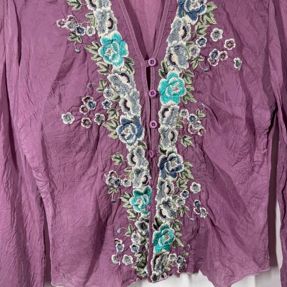 J.Jill Top Women S Purple Long Sleeve Embroidered Pop Over Boho Button Up Blouse - Picture 4 of 8